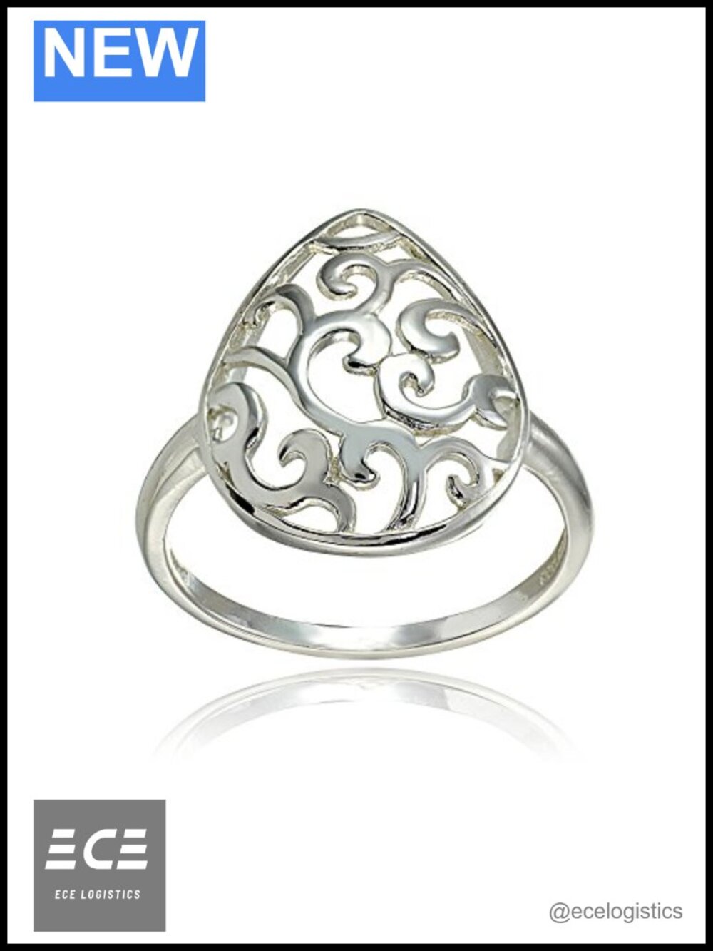 Sterling Silver High Polished Teardrop Filigree Ring